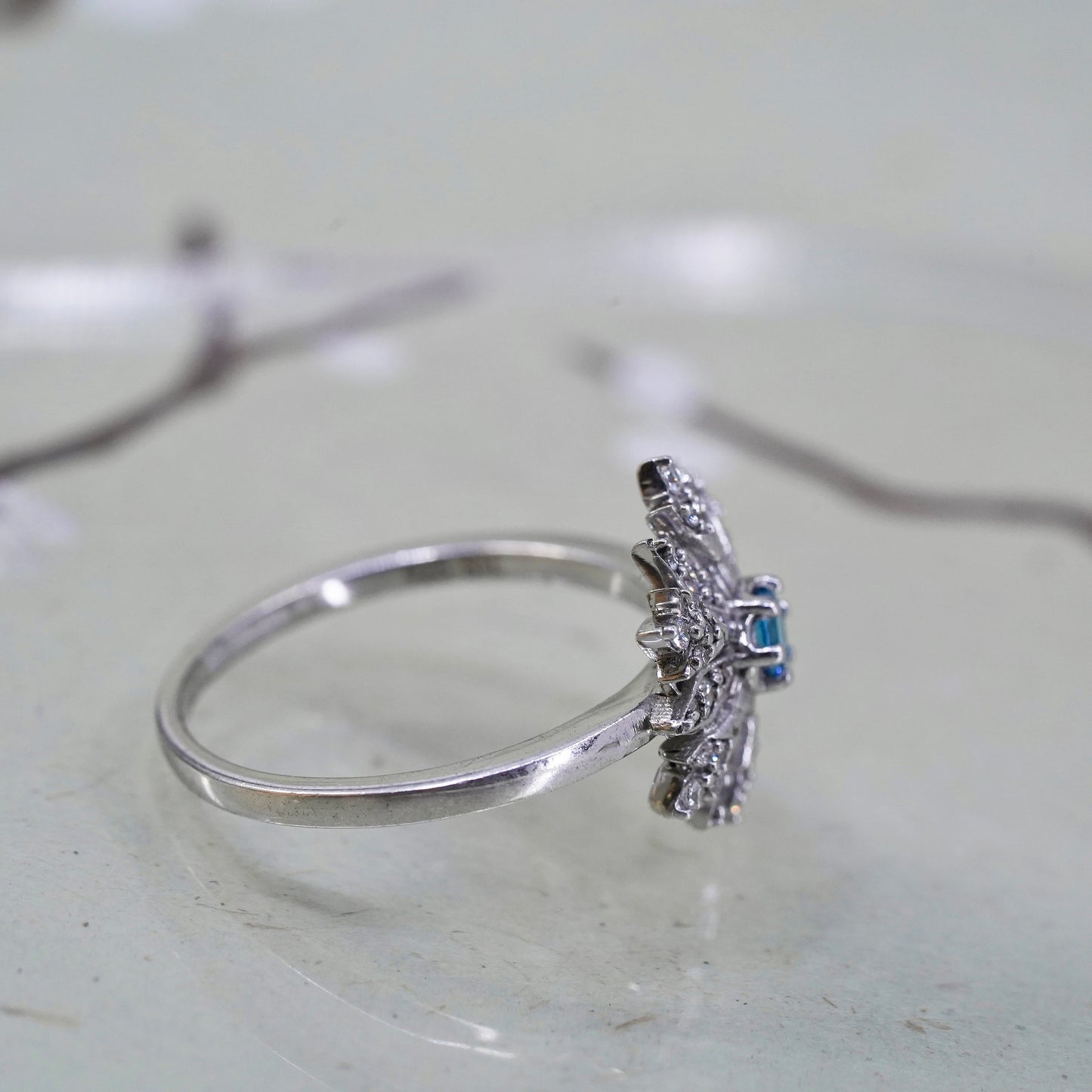Size 8.75, 925 Sterling silver snowfalke ring with CZ cluster, engagement ring