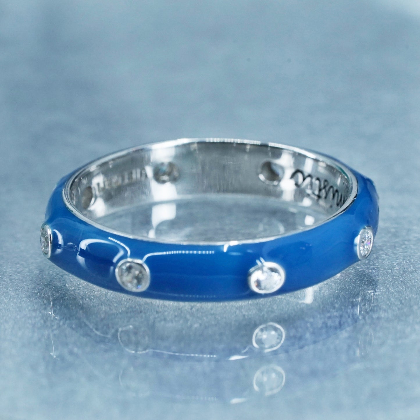 Size 10, vintage Sterling 925 silver handmade ring, blue enamel band with cz