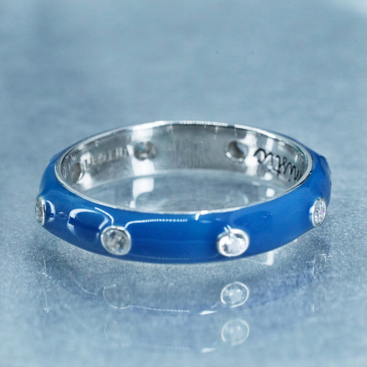 Size 10, vintage Sterling 925 silver handmade ring, blue enamel band with cz