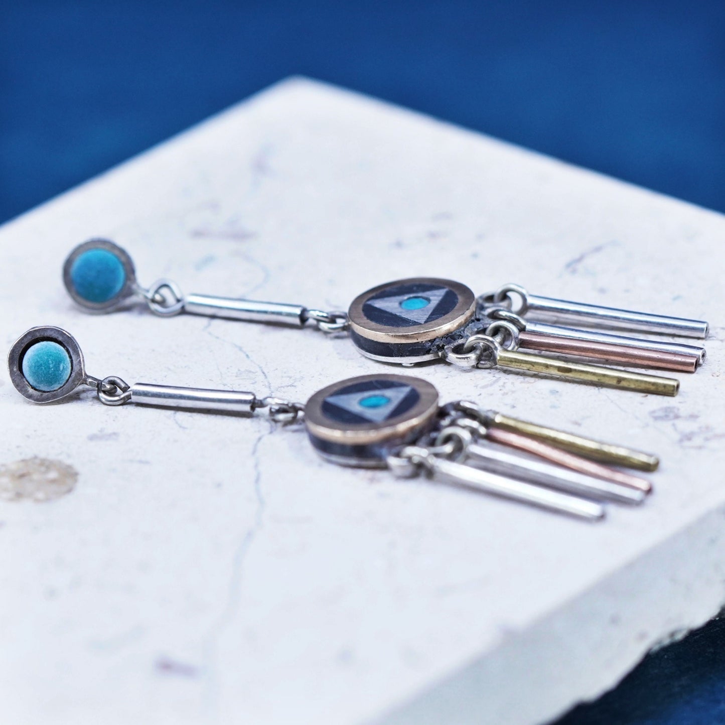 taxco Mexican Sterling silver 925 Piedra Negra dangle inlay earrings fringe