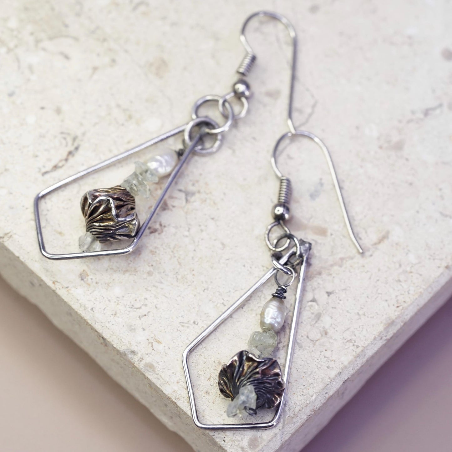Vintage Sterling silver Handmade earrings, 925 teardrop dangled w/ pearl beads