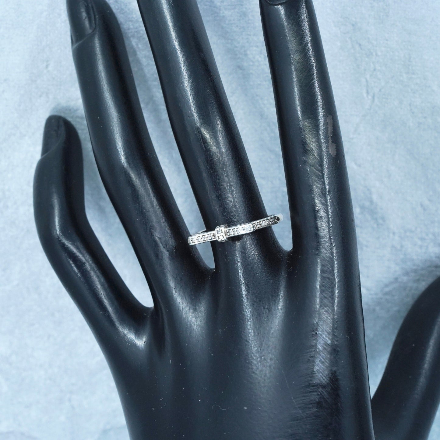 Size 7.25, ALE fashionable Sterling 925 silver ribbon ring w/ cluster cz, band