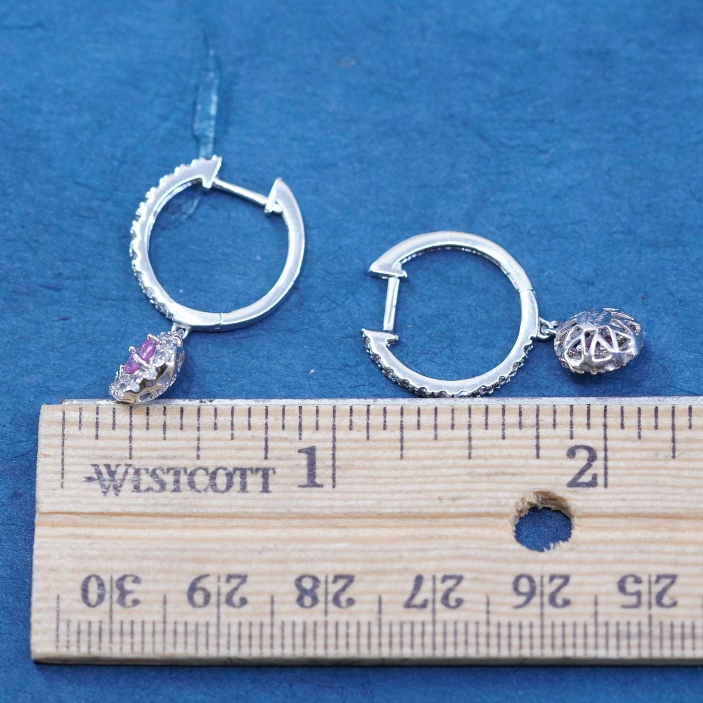 0.75”, Vintage Sterling silver earrings, 925 hoops, huggie w/ cluster cz drops