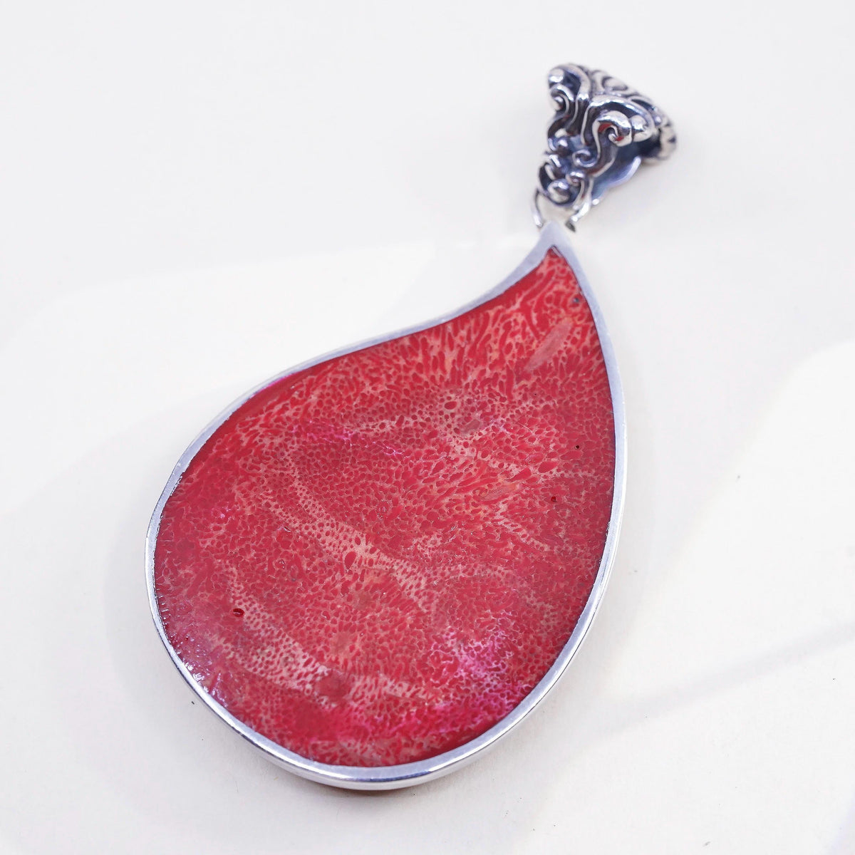 Sterling Silver Red Coral Teardrop double sided Pendant, Bali Filigree Charm