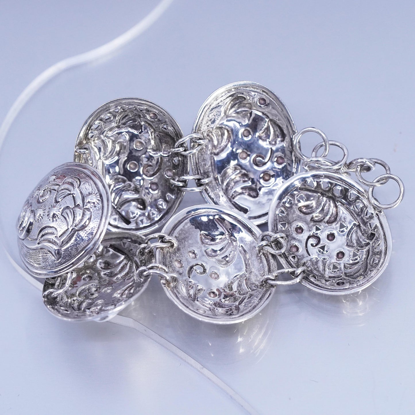 Designer DS Sterling Silver 925 Floral Oval Chain Linked 7" 6 Station Bracelet