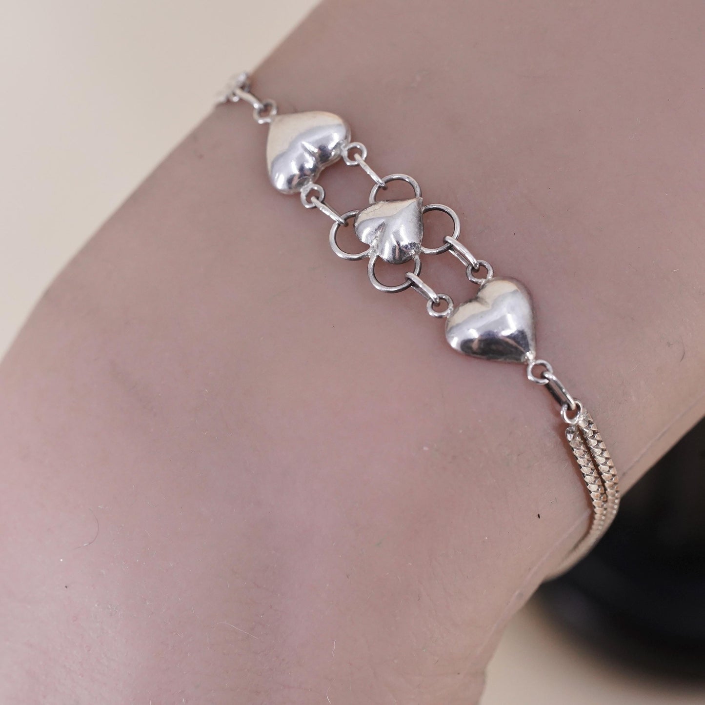 7”, vintage Sterling Silver Bracelet, 925 curb chain with heart and bell chime