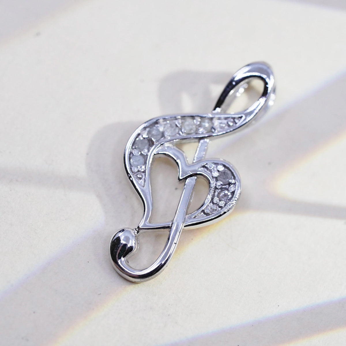 Vintage Sterling silver handmade pendant, 925 Music Note with cluster diamonds