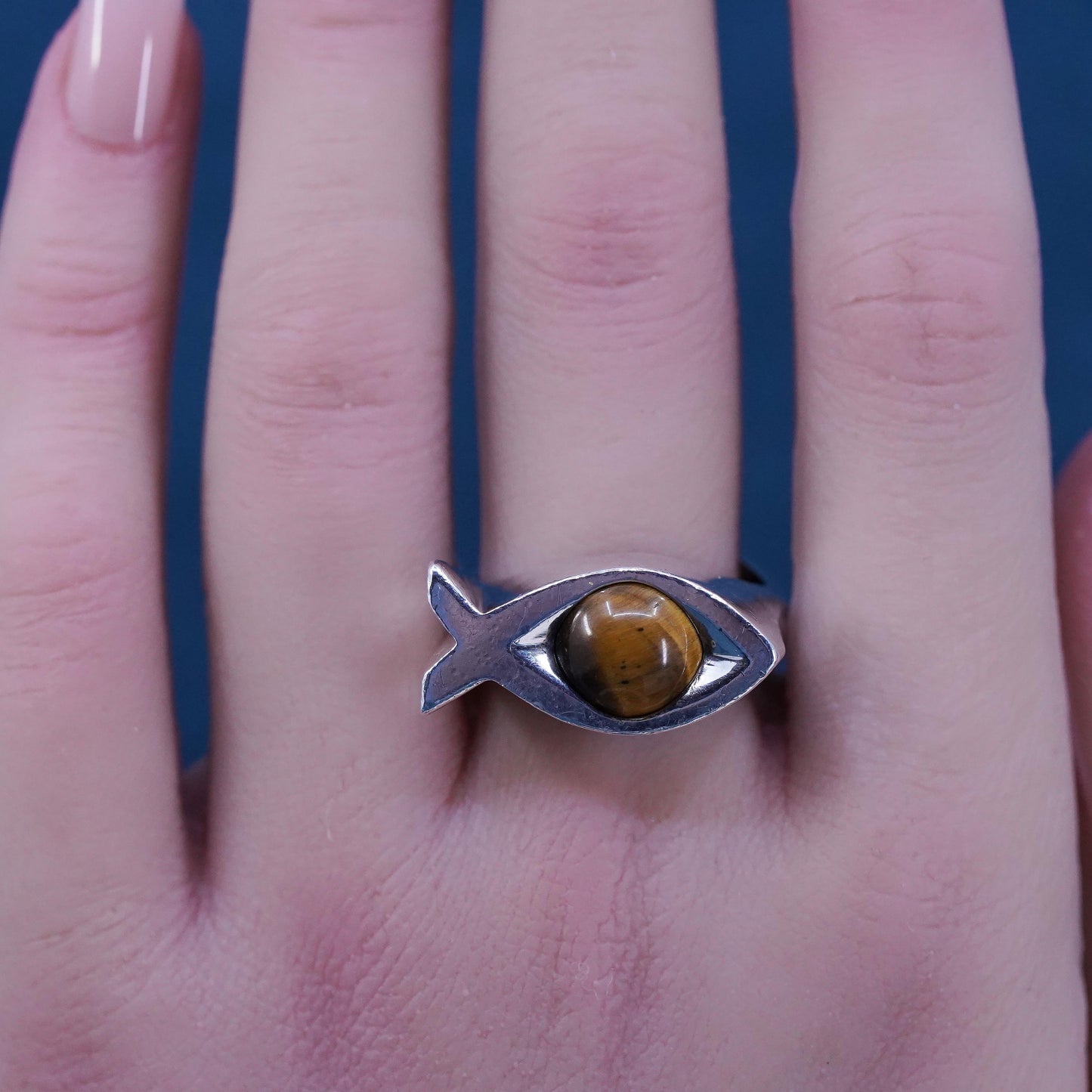 SZ 8, VTG Sterling 925 silver interchangeable fish ring, malachite lapis coral