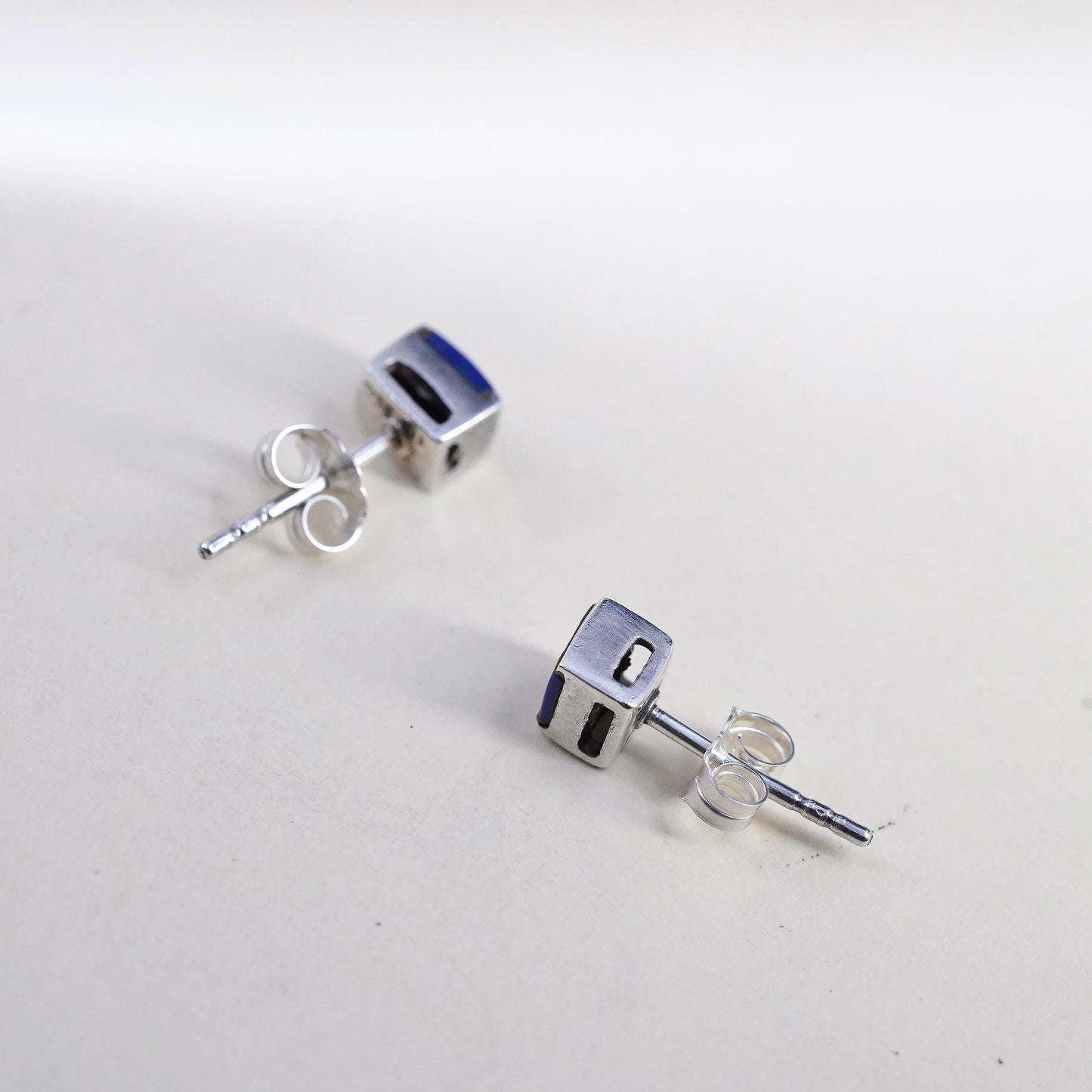 VTG southwestern Sterling 925 silver handmade square studs earrings blue onyx