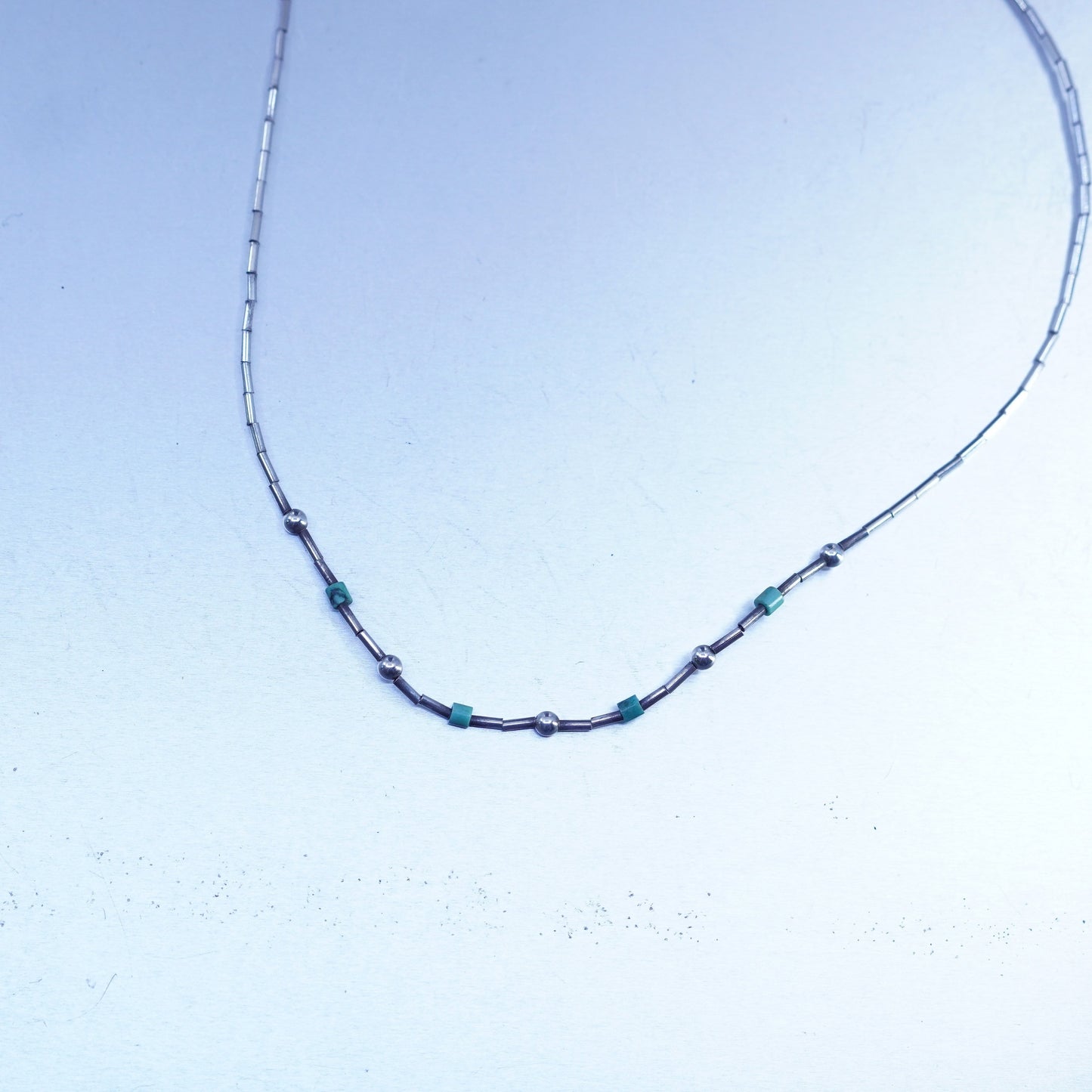 16”, Native American Sterling 925 liquid silver necklace with turquoise beads