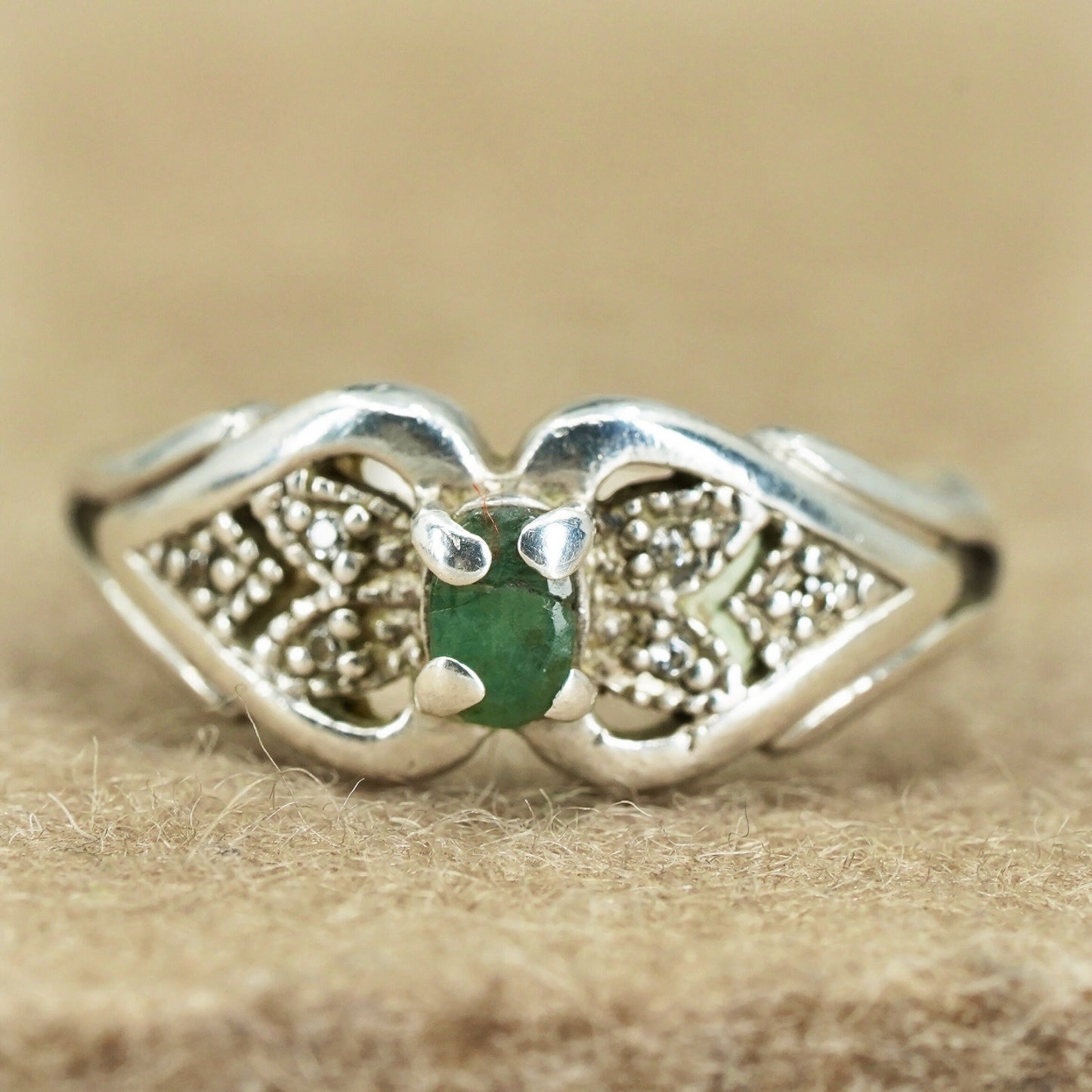 Size 6.5, vintage Sterling 925 silver handmade ring with jade and diamonds