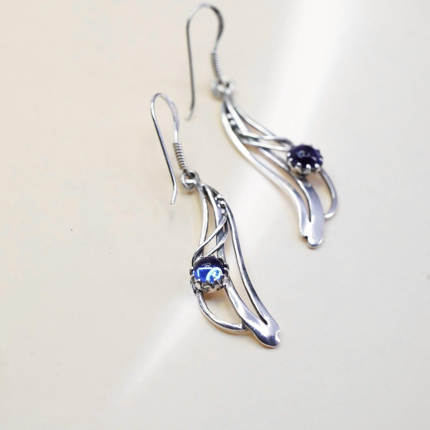Vintage Sterling silver handmade earrings, 925 wavy drops with blue glass