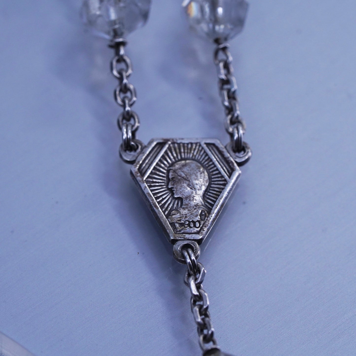 24”, Germany sterling 800 silver rosary necklace bead Jesus cross pendant