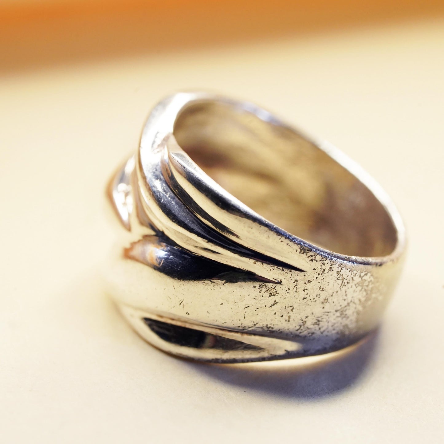 Size 6.5, vintage sterling silver handmade ring, 925 ribbed wavy wide band