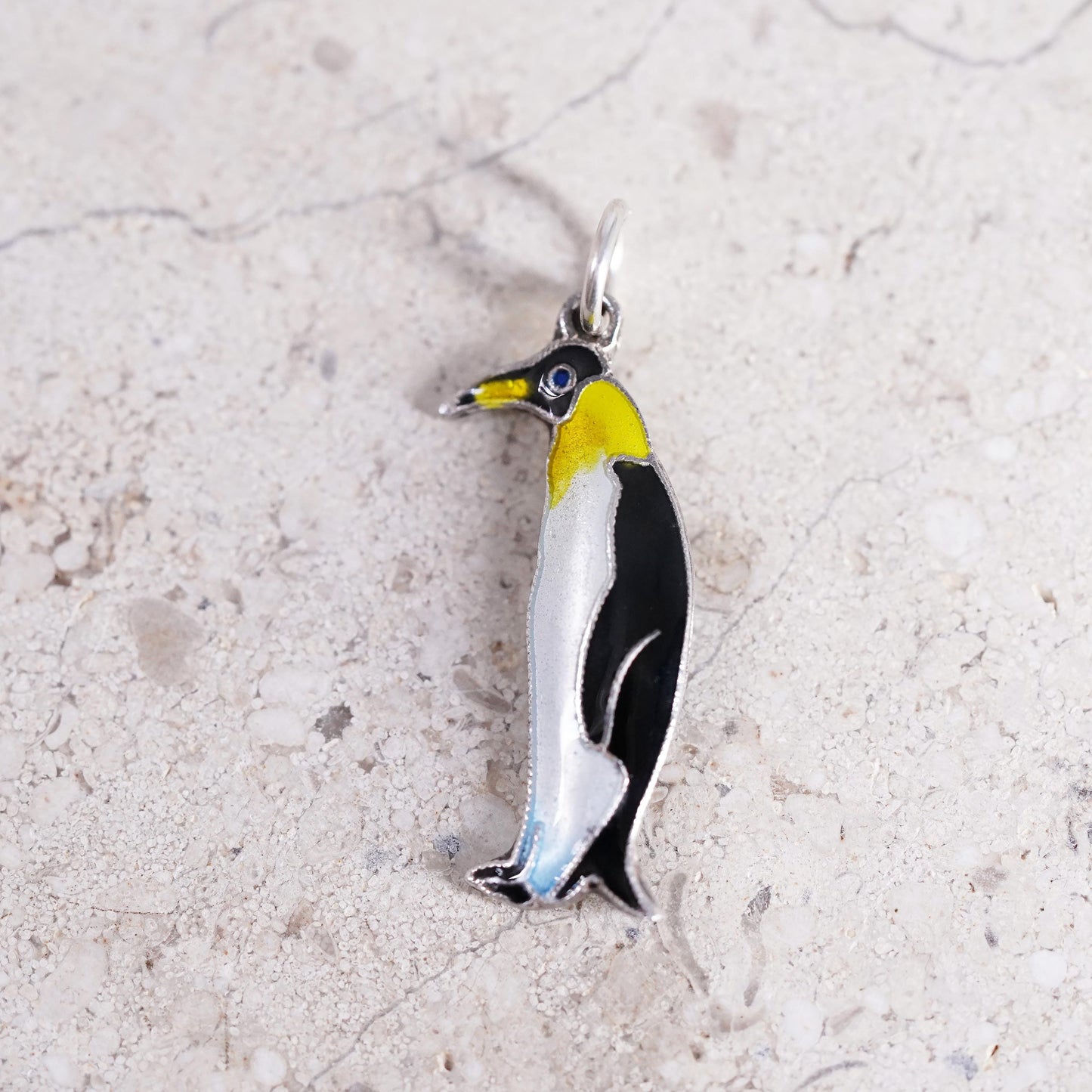 Vintage Sterling 925 silver handmade pendant, enamel penguin bird charm