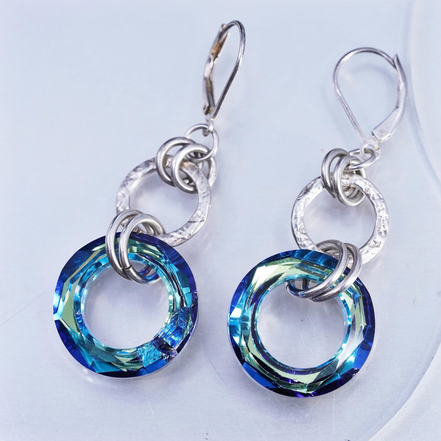Vintage Sterling 925 silver handmade entwined circle earrings blue AB crystal