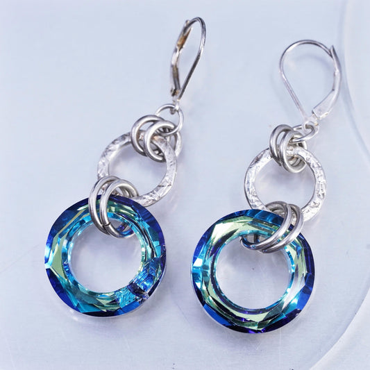 Vintage Sterling 925 silver handmade entwined circle earrings blue AB crystal