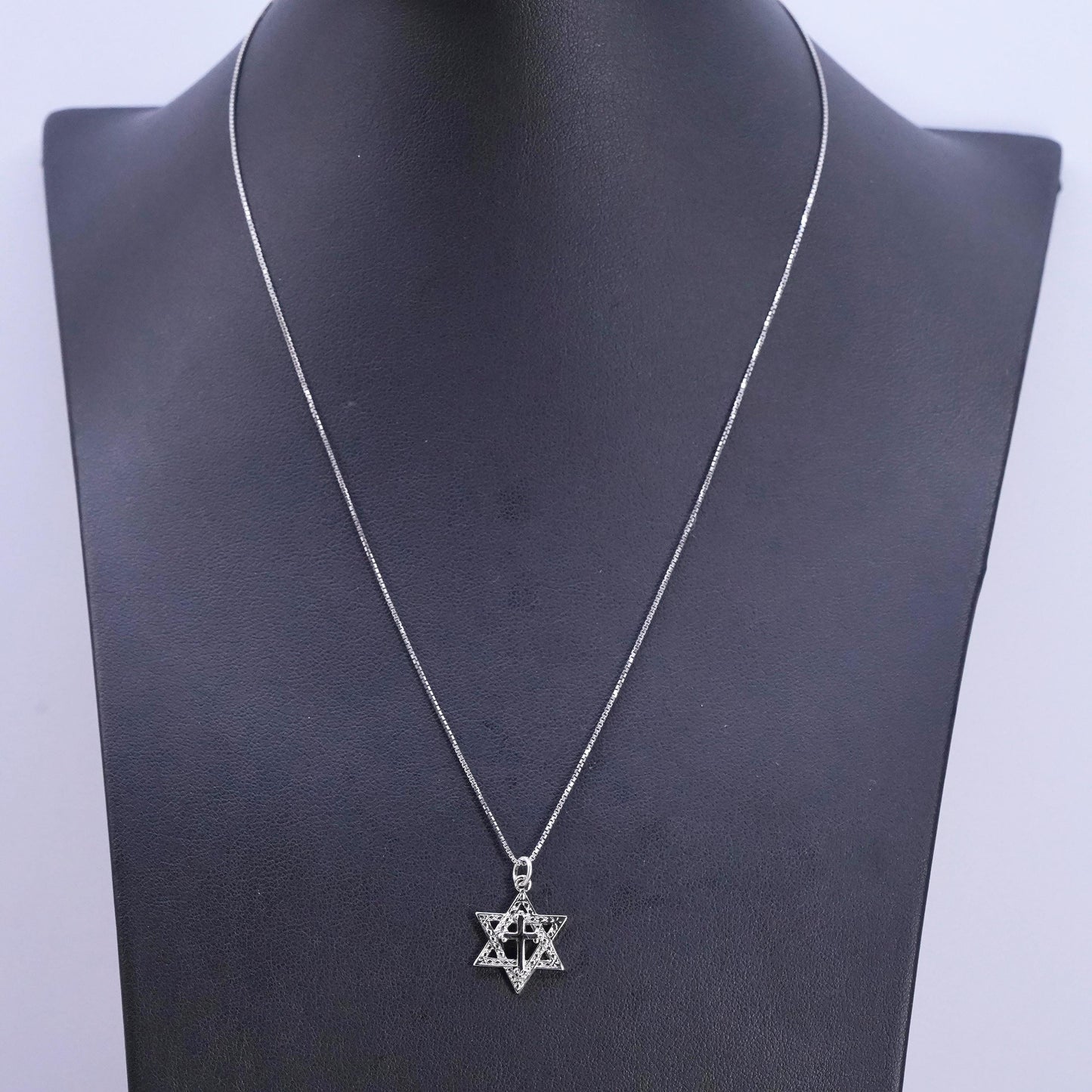 18” Sterling 925 silver box chain necklace hexagram Star of David cross pendant