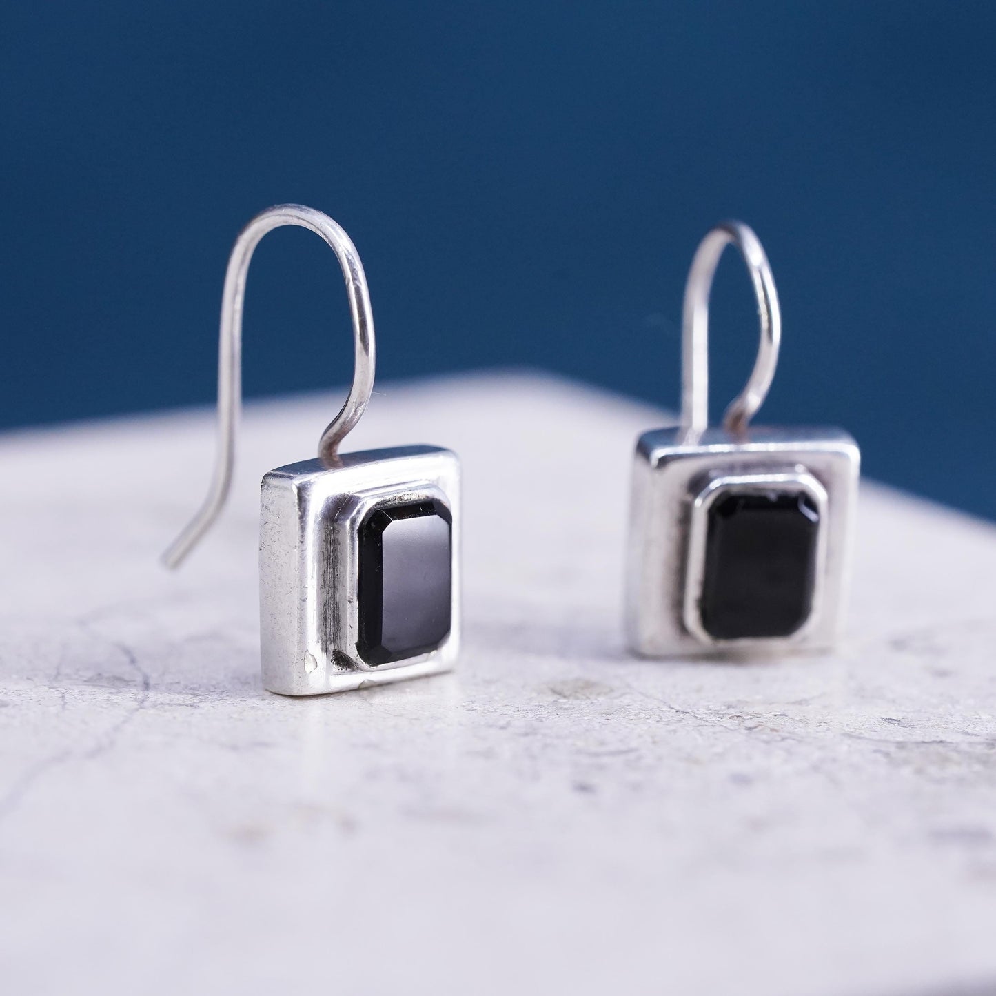 Vintage Sterling Silver 925 handmade earrings with square Black Onyx
