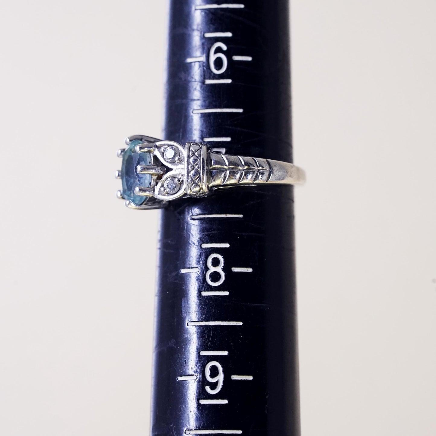 Size 7, vintage sterling silver handmade ring, 925 with blue topaz and cz