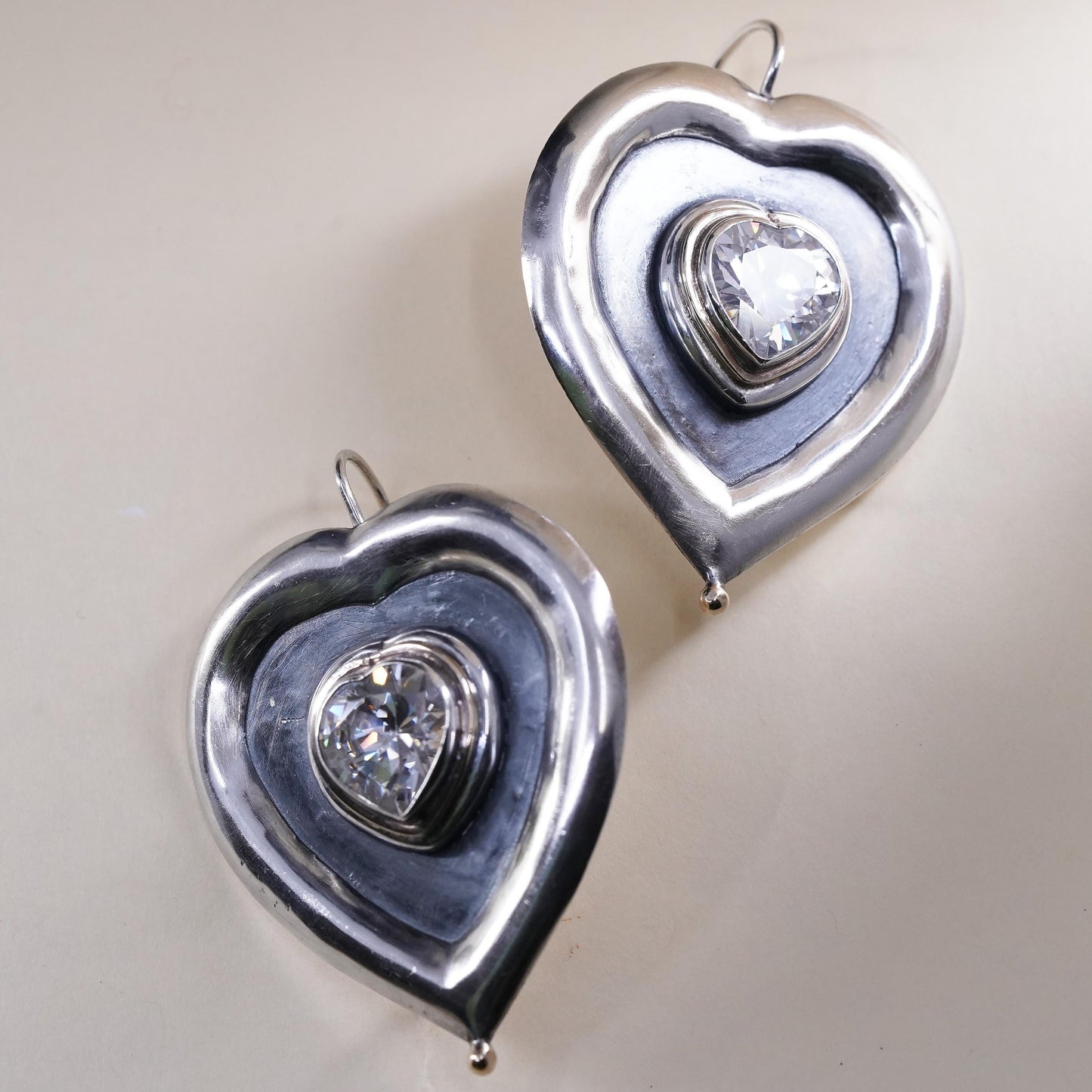 Vintage sterling silver handmade earrings, huge 925 silver heart with CZ