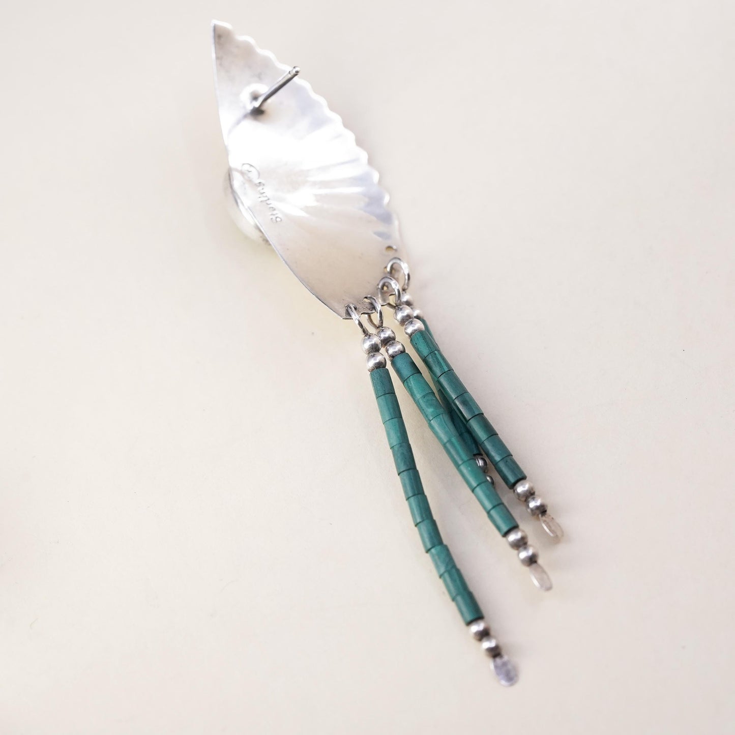 Native American single earring Navajo Sterling 925 silver malachite wing fringe