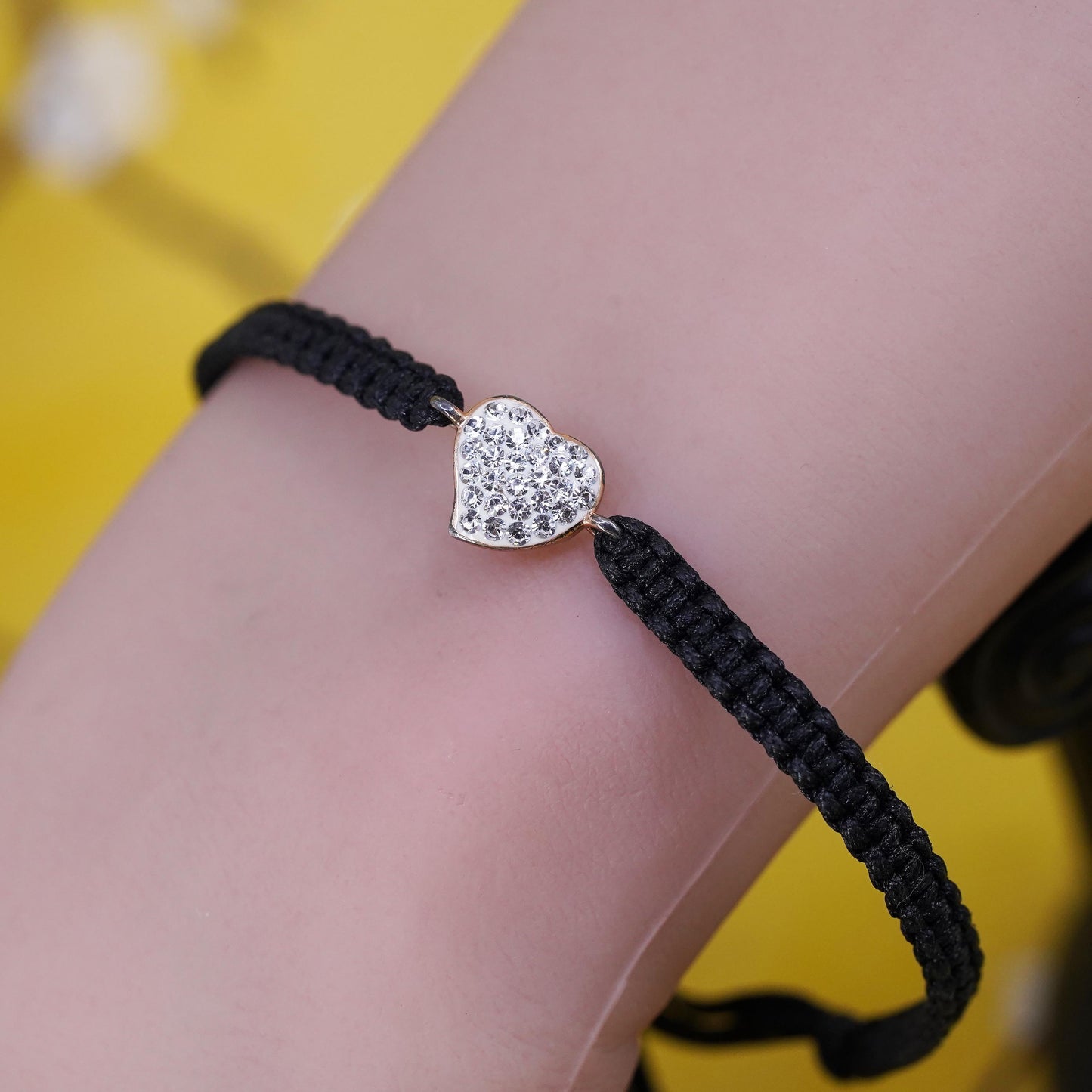 8", black linen thread bracelet with Sterling 925 silver heart charm cluster cz