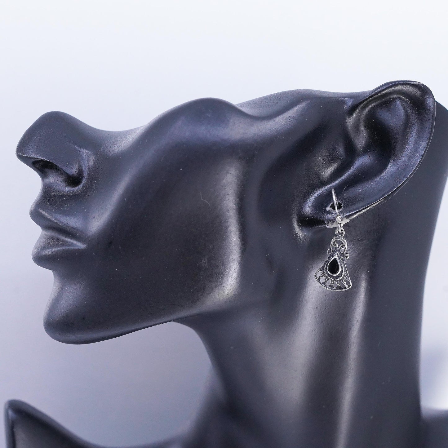 Vintage Sterling 925 silver handmade fan shaped earrings with black onyx