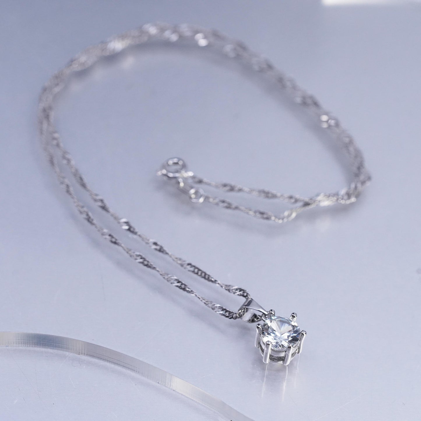 18" 2mm, vintage Sterling 925 silver twisted curb chain necklace w/ cz pendant