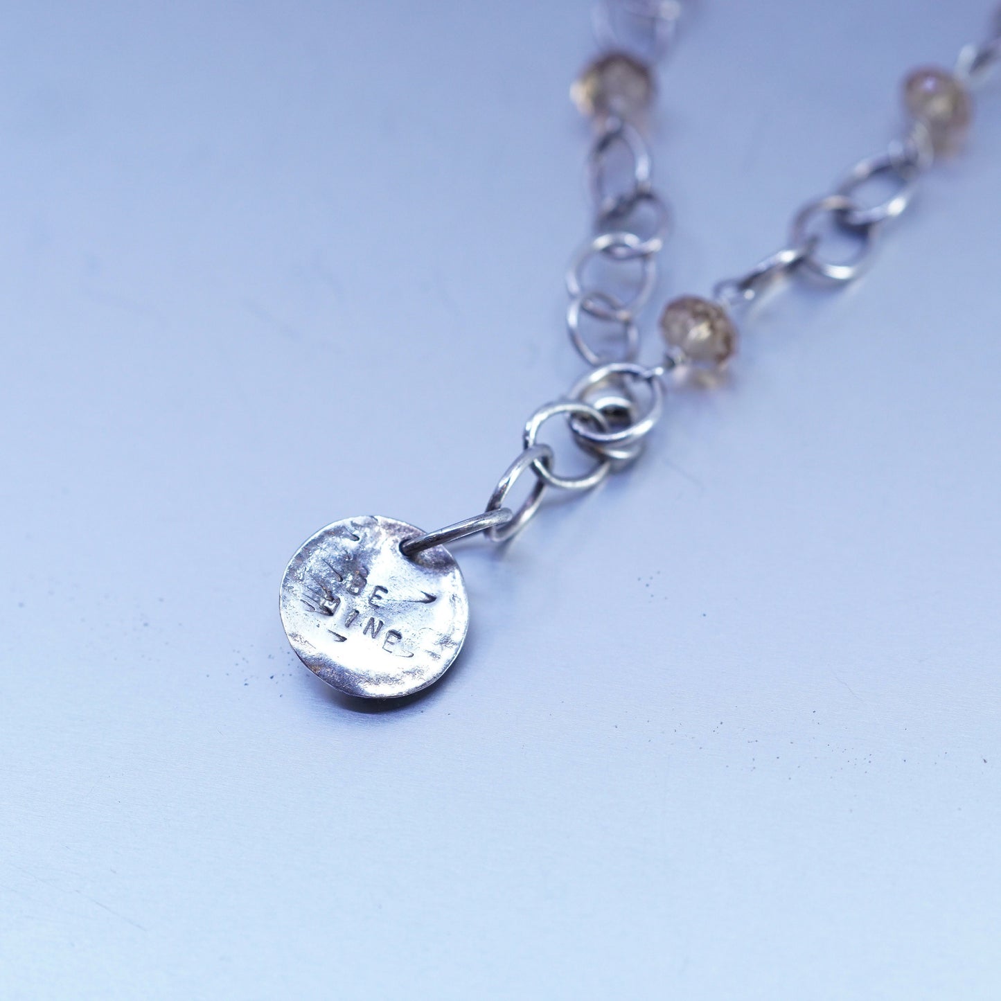 8”, Mexico Sterling 925 silver bracelet, oval link chain w/ citrine heart charm