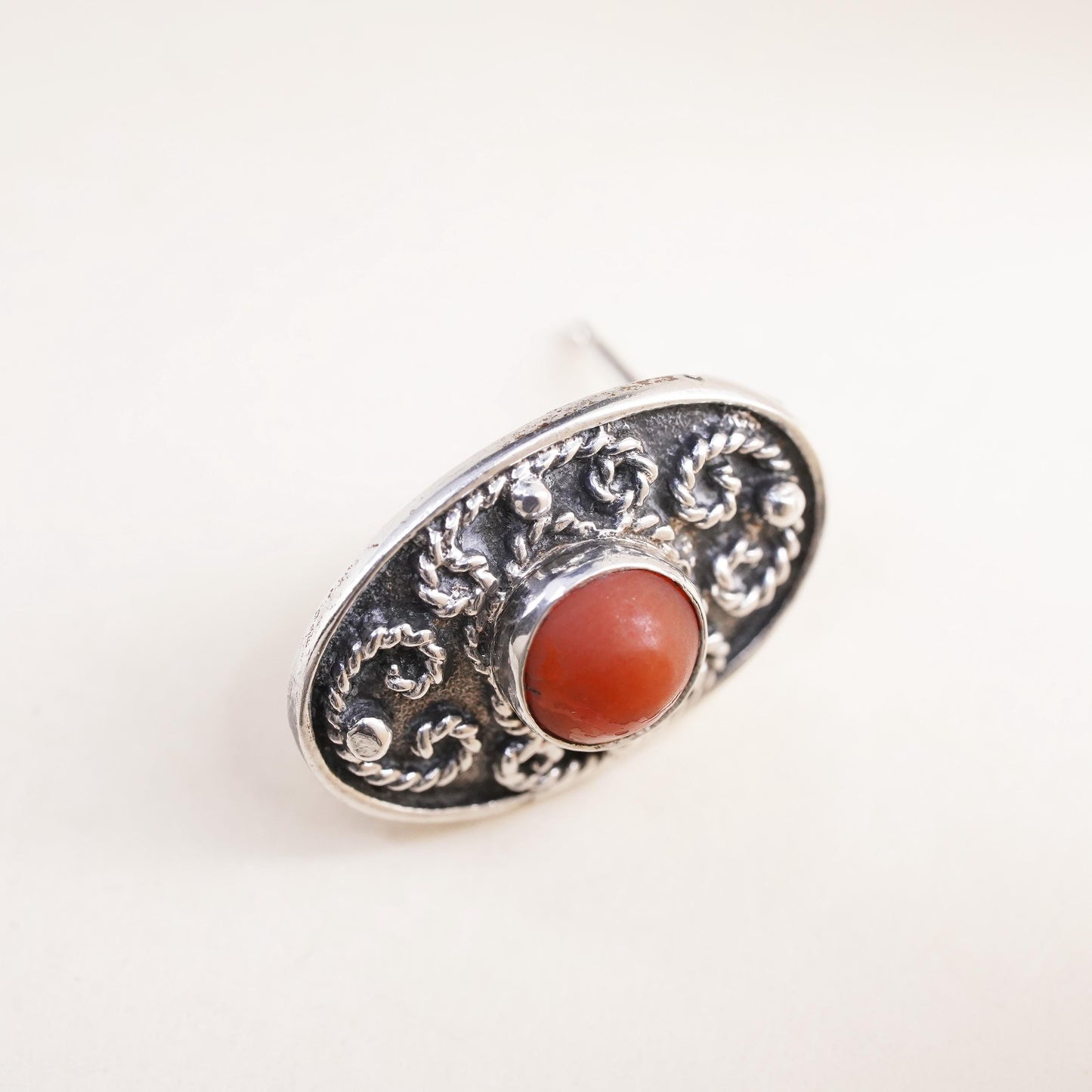 Native American Navajo handmade single earring. Sterling 925 silver stud coral