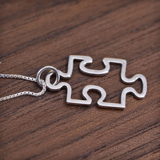 18”, Vintage Sterling silver handmade necklace, 925 box chain puzzle pendant