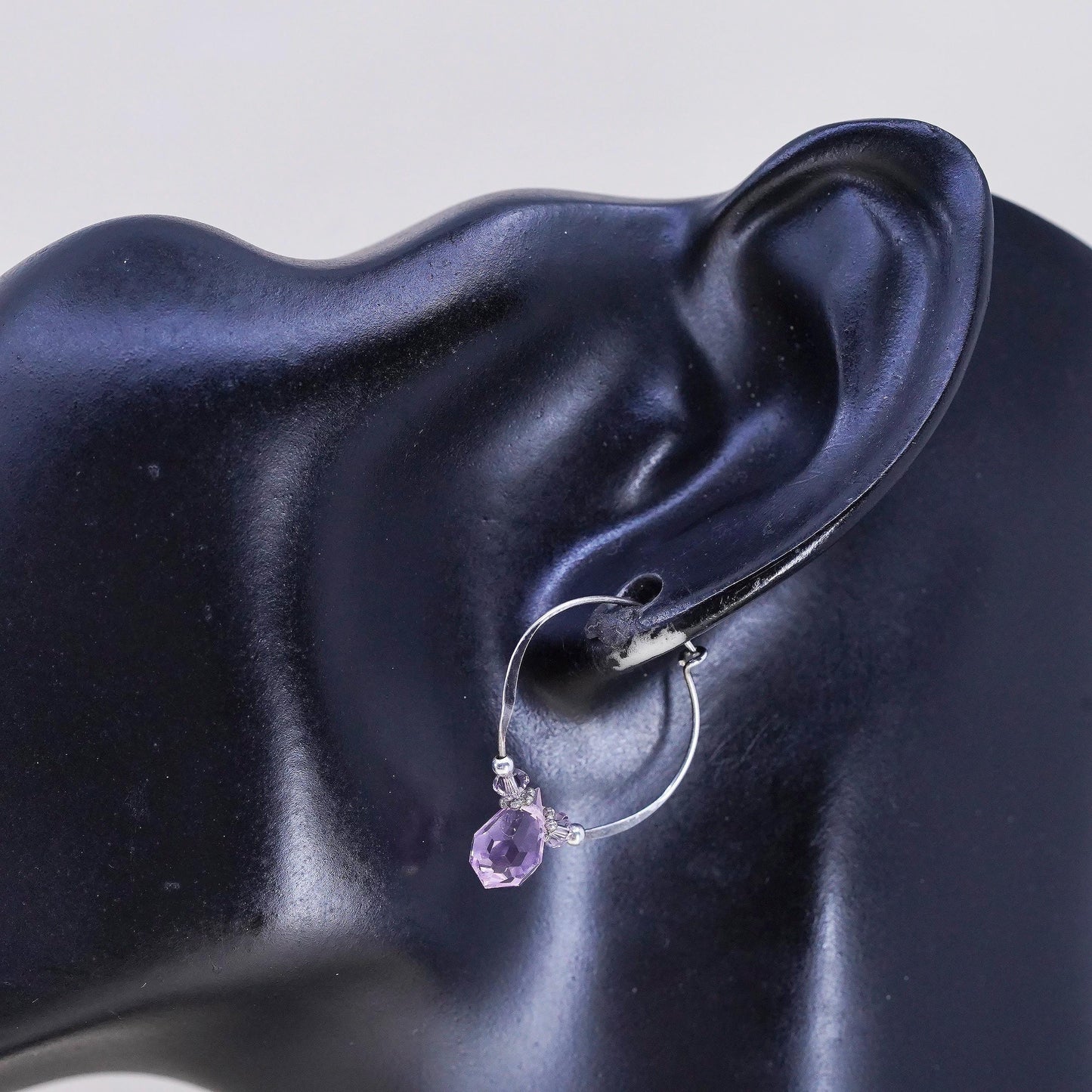 0.75", Vintage sterling 925 silver earrings, fashion hoops pink crystal beads