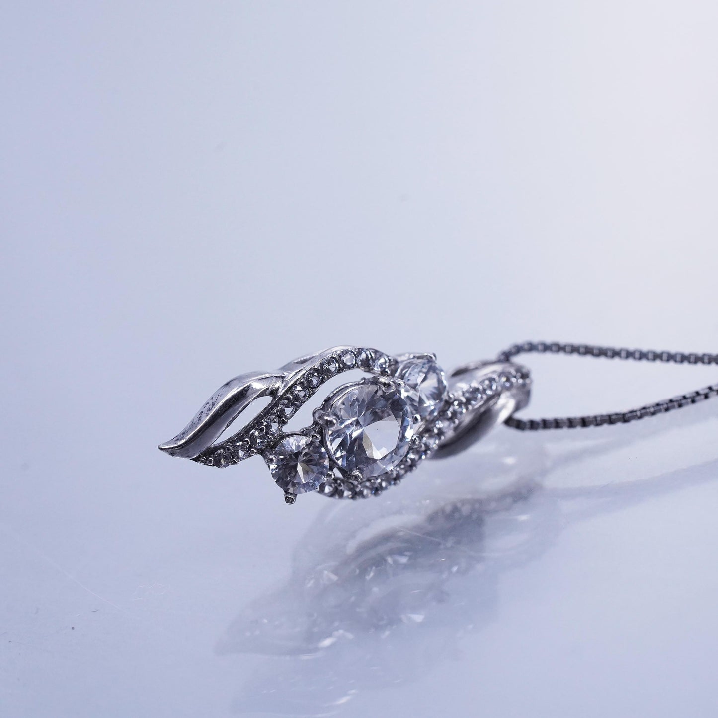 18”, vintage Sterling 925 silver handmade box pendant necklace with cz pendant