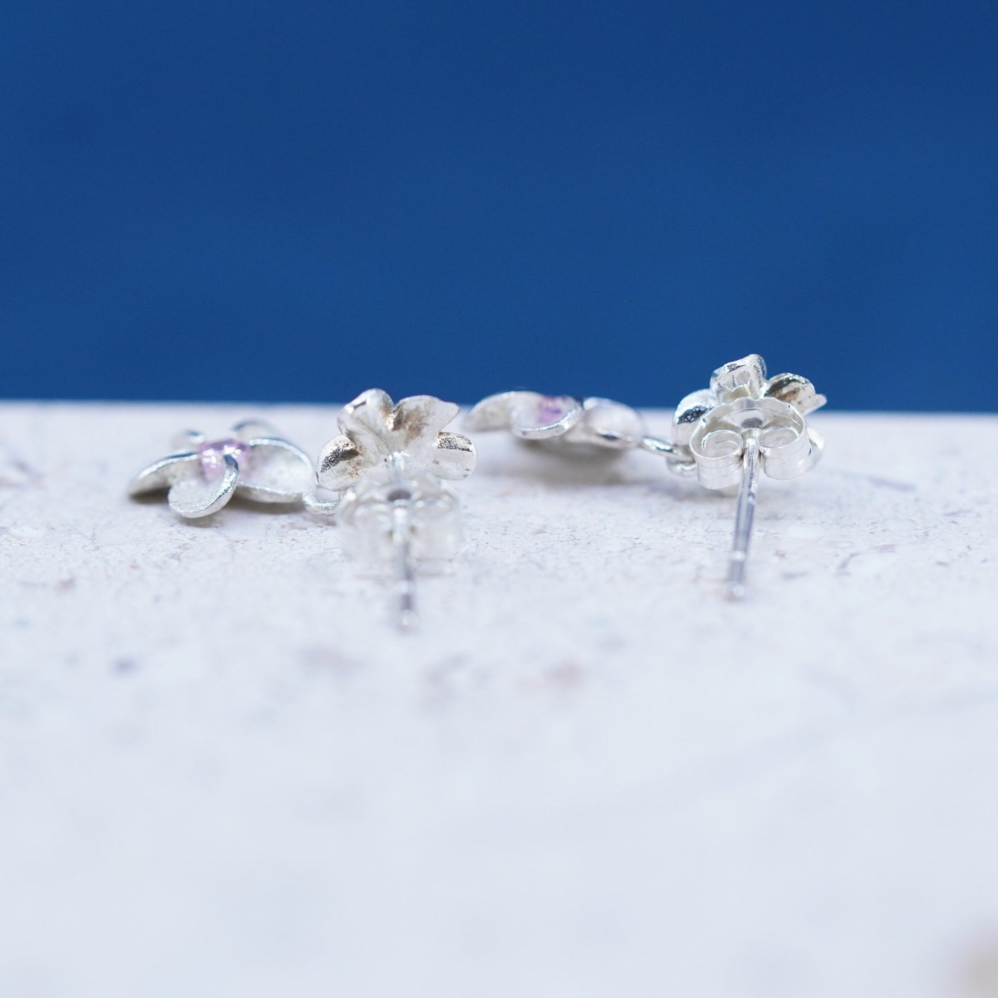 Sterling silver handmade earrings, 925 inches plumeria flower drops w/ pink cz