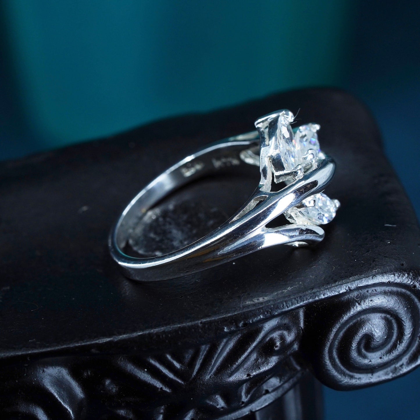 Size 9.5, vintage Sterling 925 silver handmade engagement ring with cz details