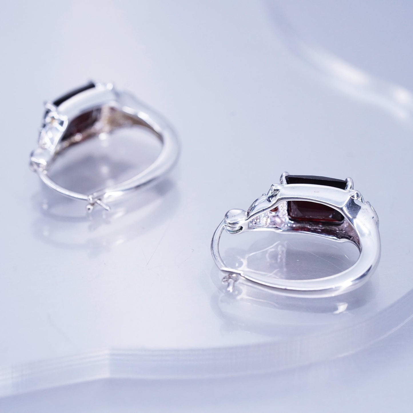 0.75”, vintage fashionable Sterling silver earrings, 925 Huggie hoops garnet
