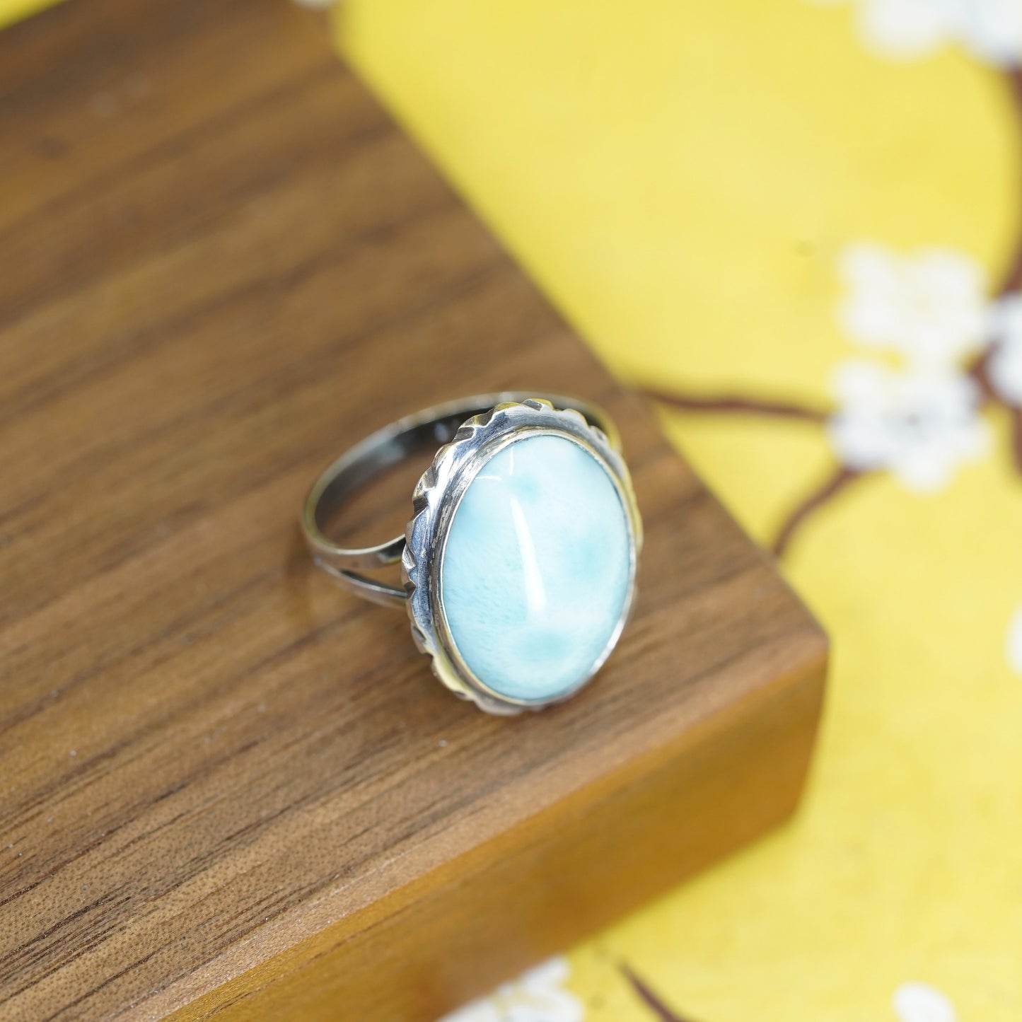Size 9, vintage Sterling 925 silver handmade ring with Larimar and amethyst
