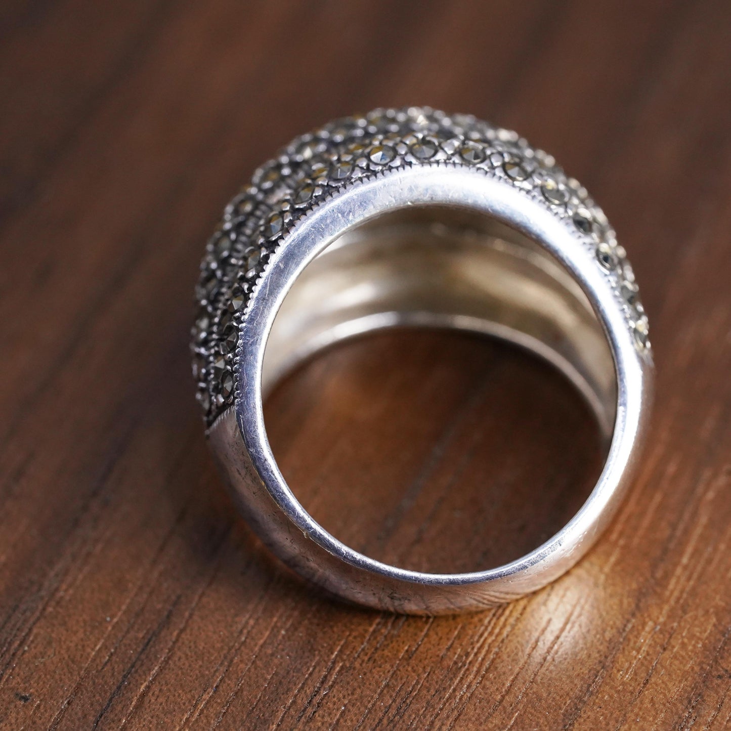 Size 8 VTG Sterling silver ring with cluster marcasites, 925 dome ribbed band