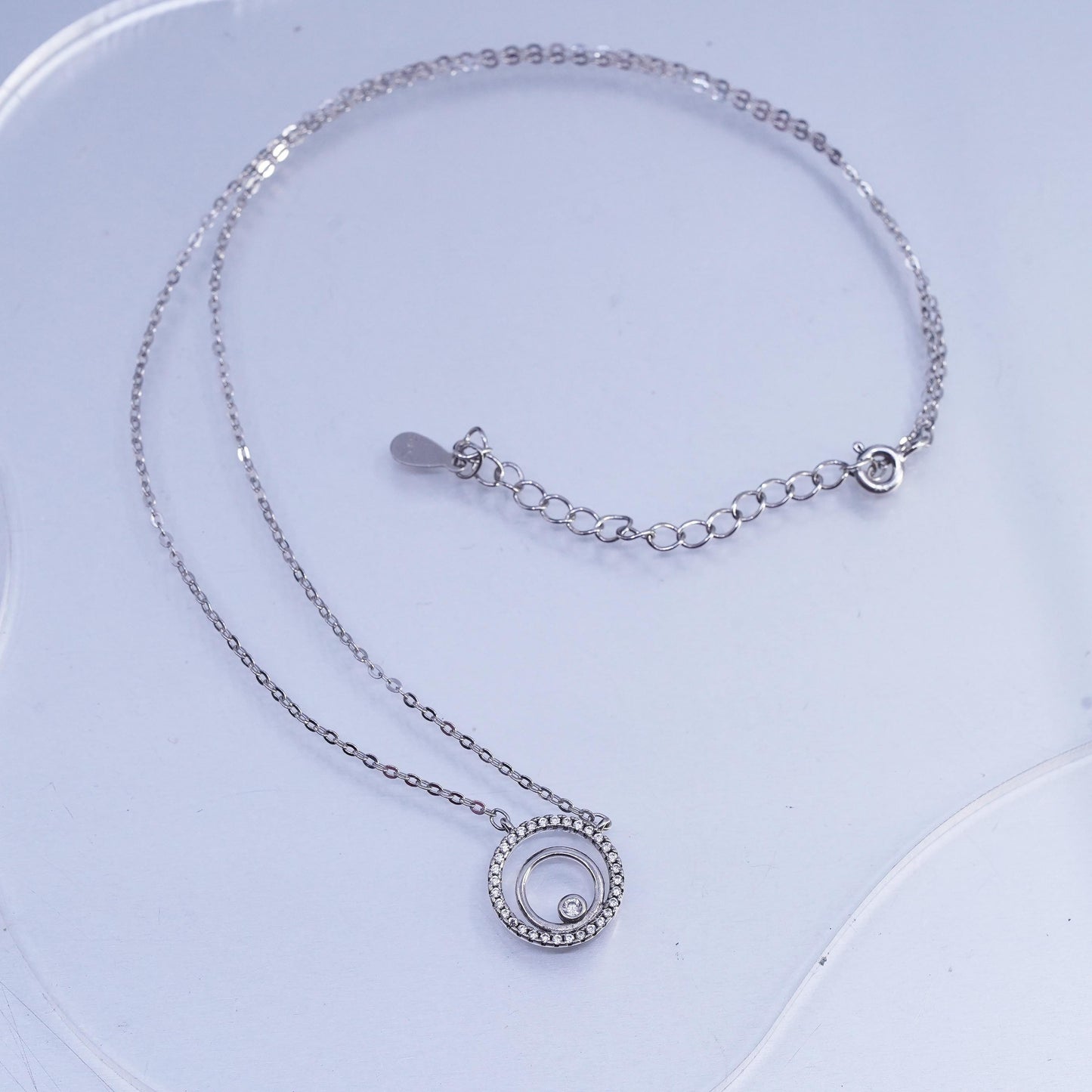 16+2", vintage Sterling 925 silver circle necklace with cz evil eye pendant