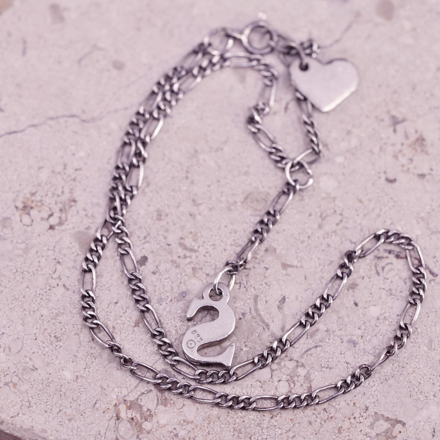 10.5", Italian Sterling 925 silver figaro chain anklet letter S heart charms