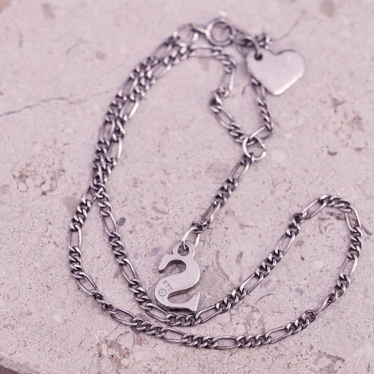 10.5", Italian Sterling 925 silver figaro chain anklet letter S heart charms
