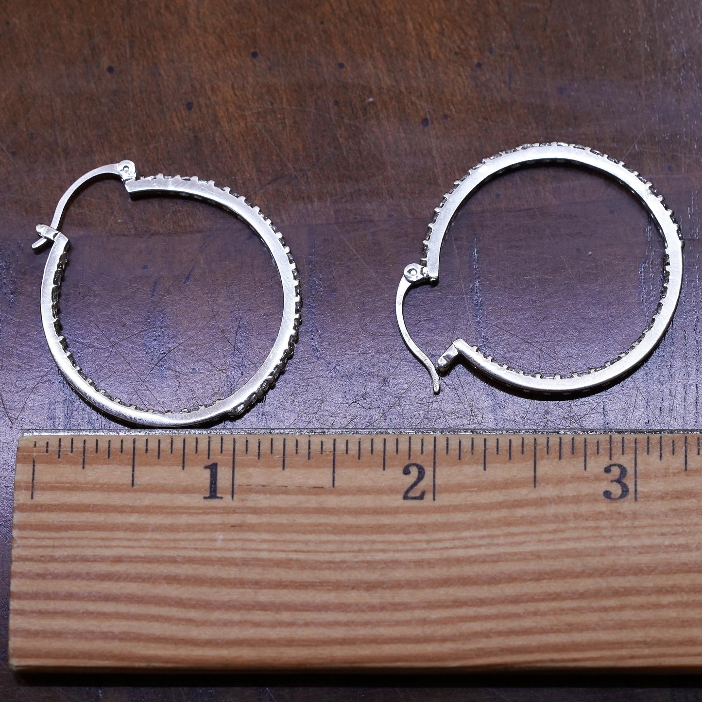 1.25", vintage Sterling silver handmade earrings, 925 hoops with cluster cz