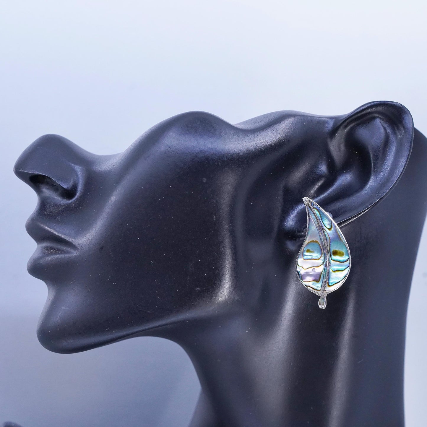 VTG Mexican ECC Sterling 925 silver handmade earrings, leaf screw back abalone