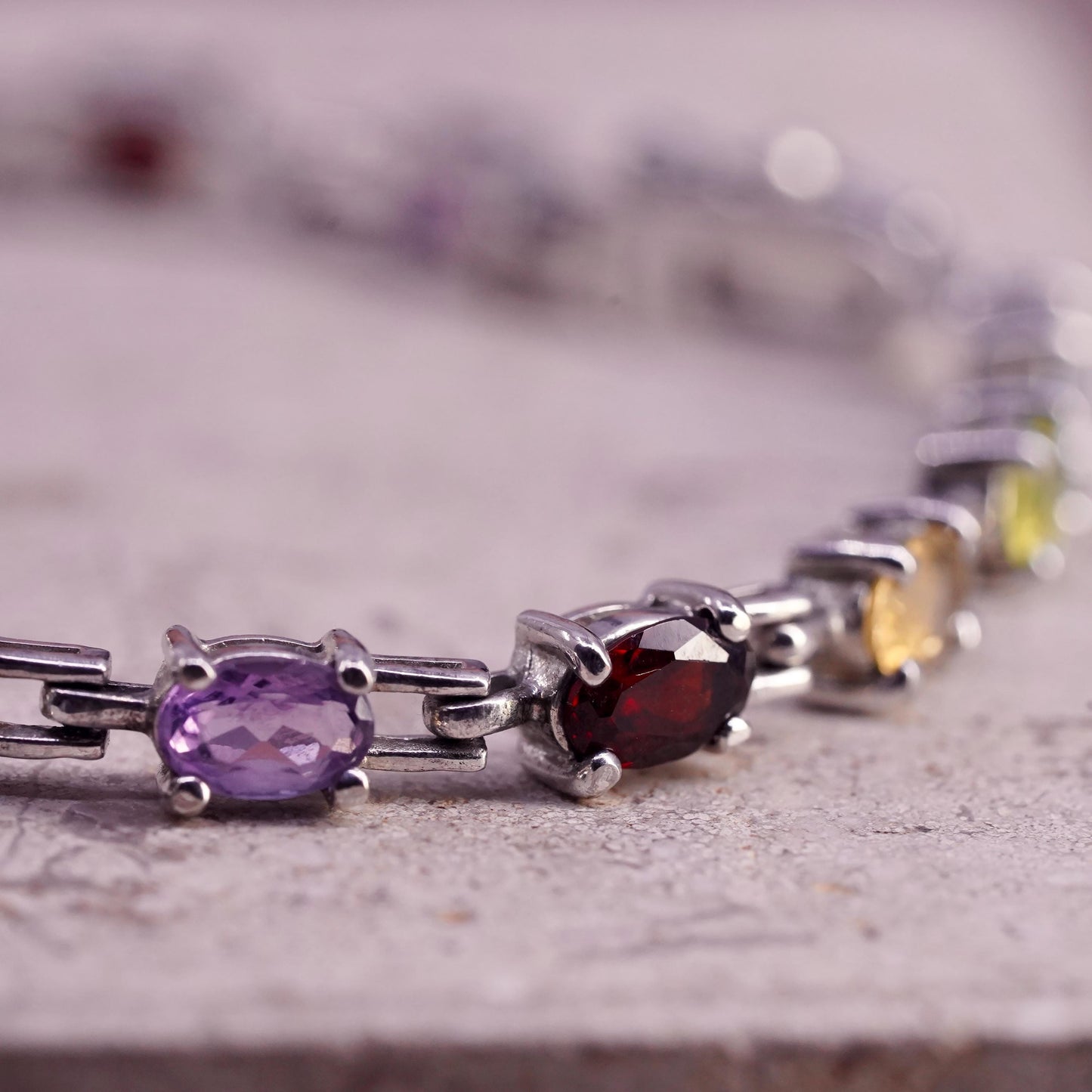 7”, sterling silver 925 tennis bracelet with multi color gemstones ruby peridot