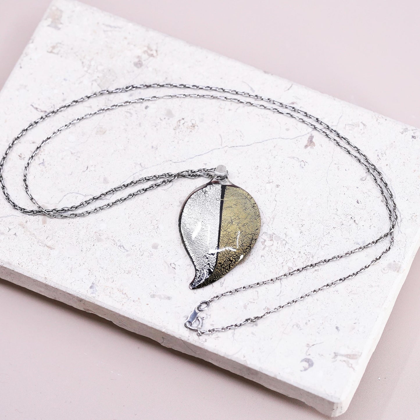 26”, Sterling silver necklace, 925 rope chain foiled glass leaf pendant