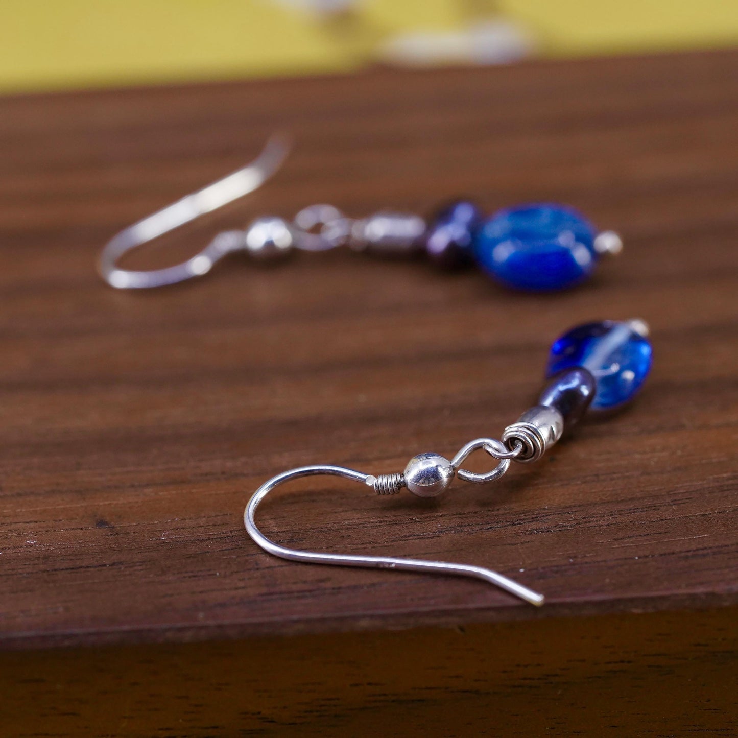 Vintage sterling 925 silver handmade earrings with blue glass bead