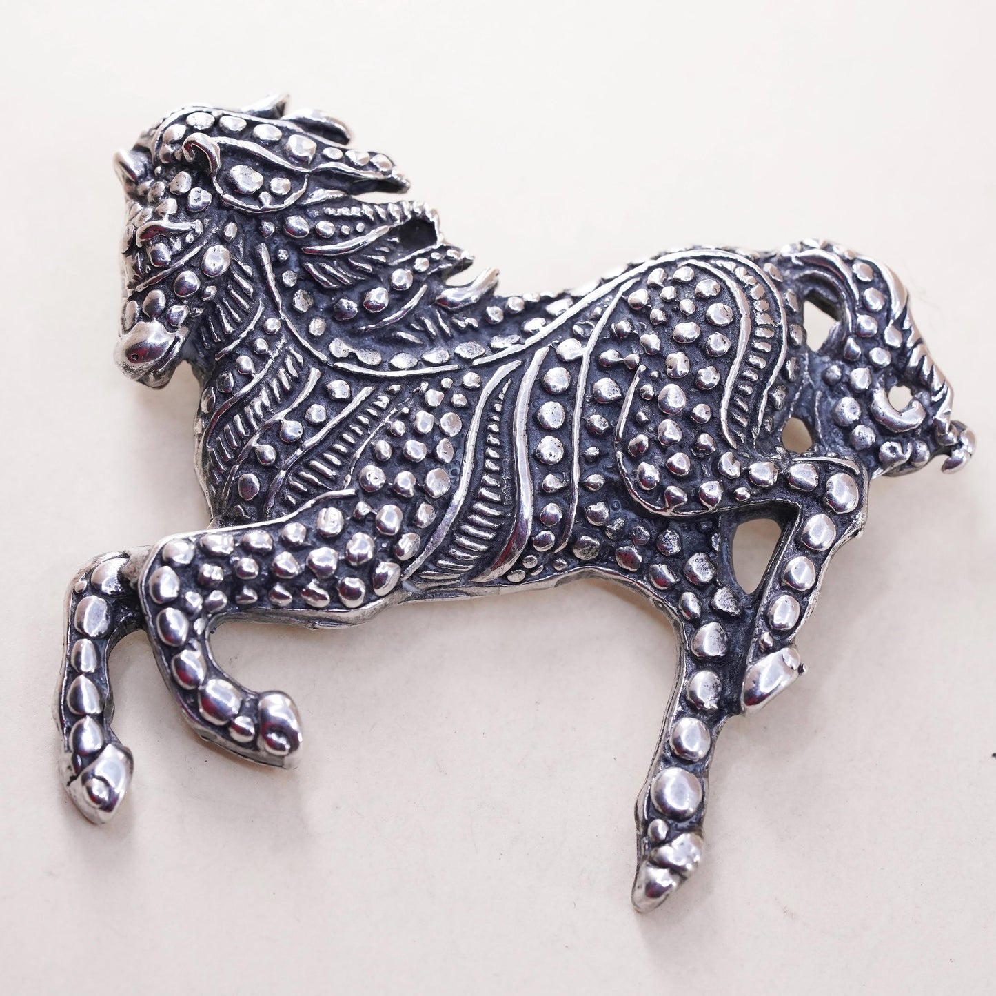 Vintage oxidized Sterling Silver Brooch 925 Pin, beaded horse Statement Jewelry