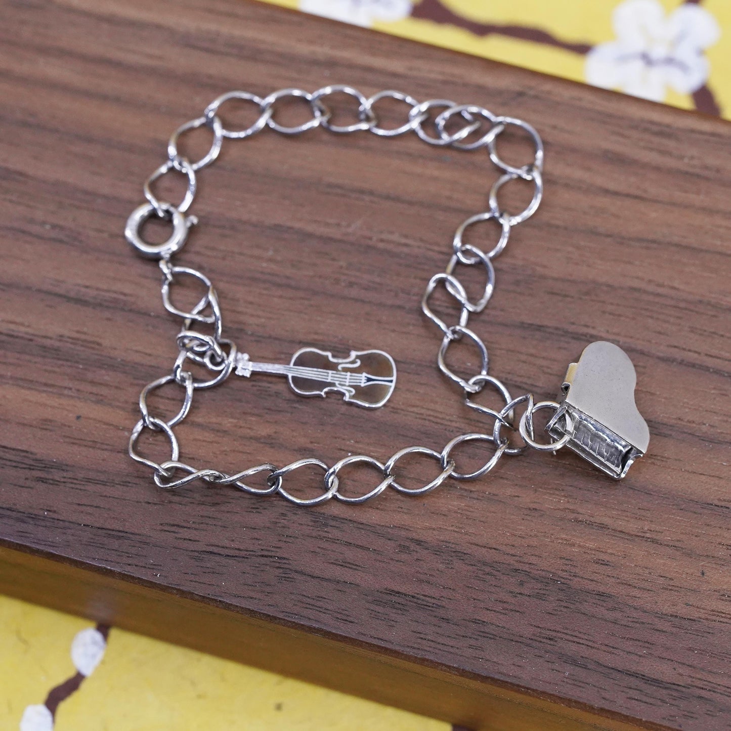6.75", Sterling silver curb bracelet, 925 chain bracelet piano guitar charms