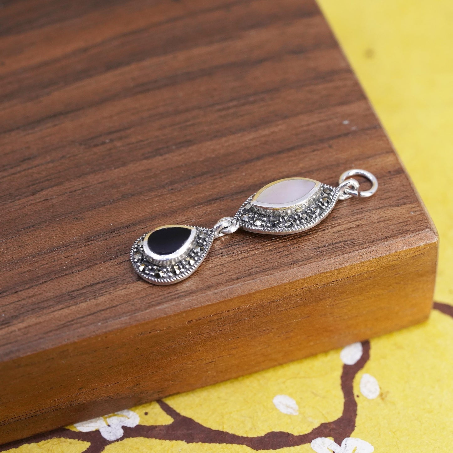 VTG Sterling 925 silver handmade charm pendant mother of pearl onyx marcasite